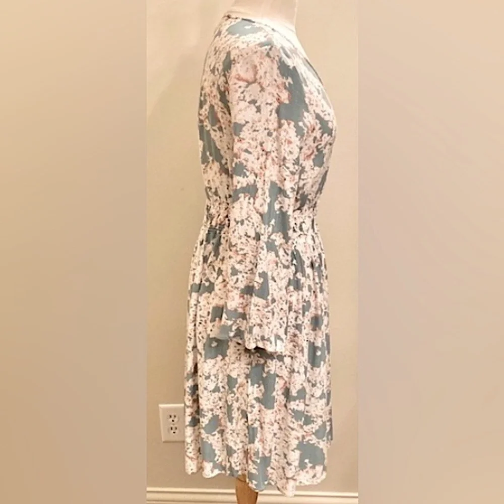 J Glee Floral Grey Teal Cream SZ S Cottagecore Boho Chic Romantic Peasant Dress - Picture 5 of 10